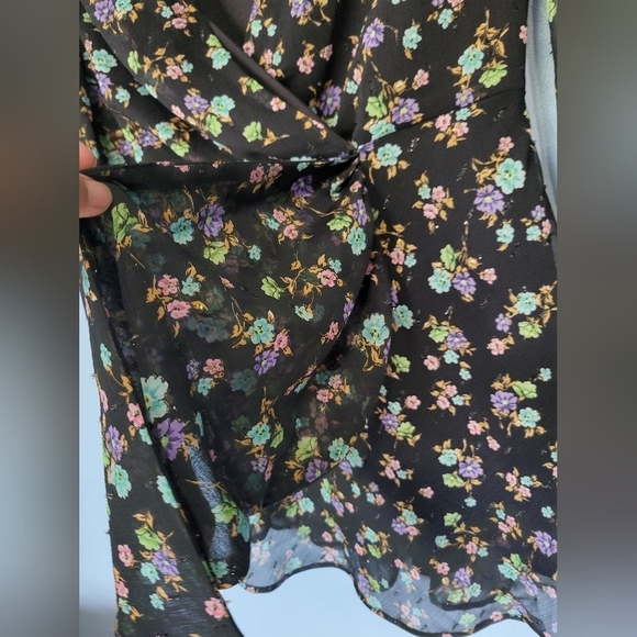 Zara Surplice Neck Floral Print Balloon Sleeve Mini Dress Black Size S - Picture 6 of 14